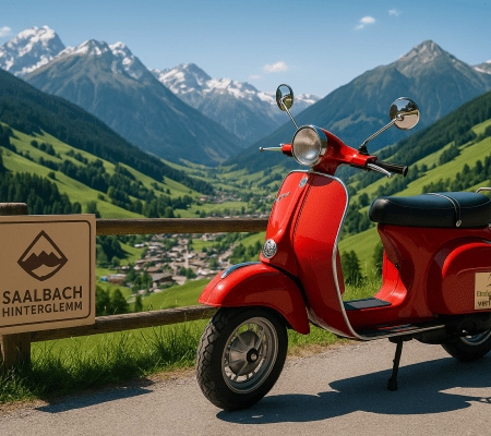 Rote Vespa vor den Bergen von Saalbach-Hinterglemm
